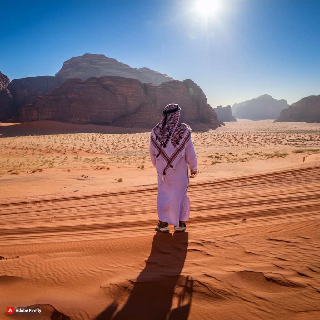 An Arabian Bedouin local guide in Wadi Rum, representing the authentic desert experience on your Petra and Wadi Rum day tour from Aqaba Port.