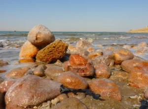 Salt-encrusted rocks and crystal formations on the shore of the Dead Sea with clear blue water and distant hills under a bright sky.