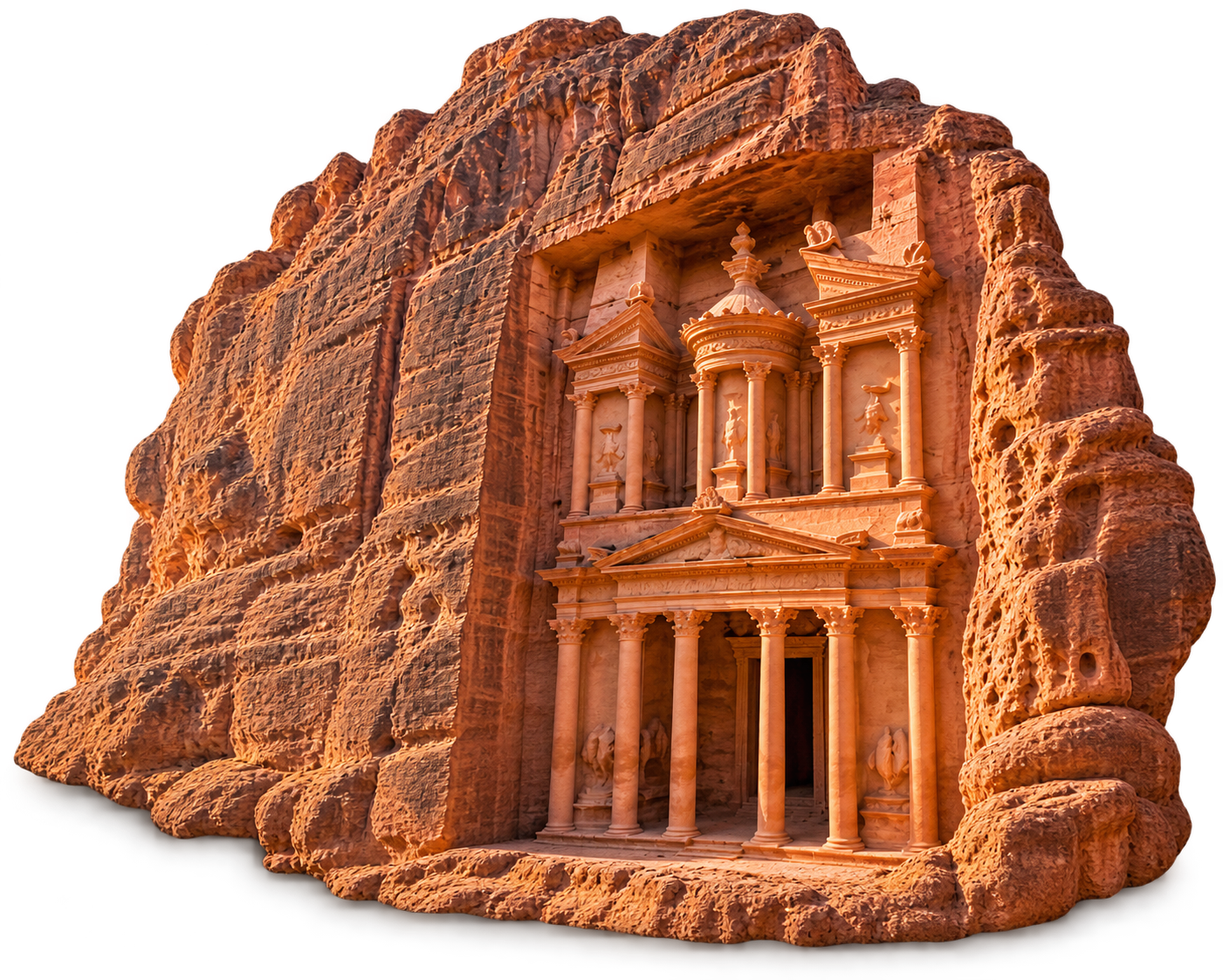 Petra Treasury carved into rose-red sandstone, isolated on a transparent background