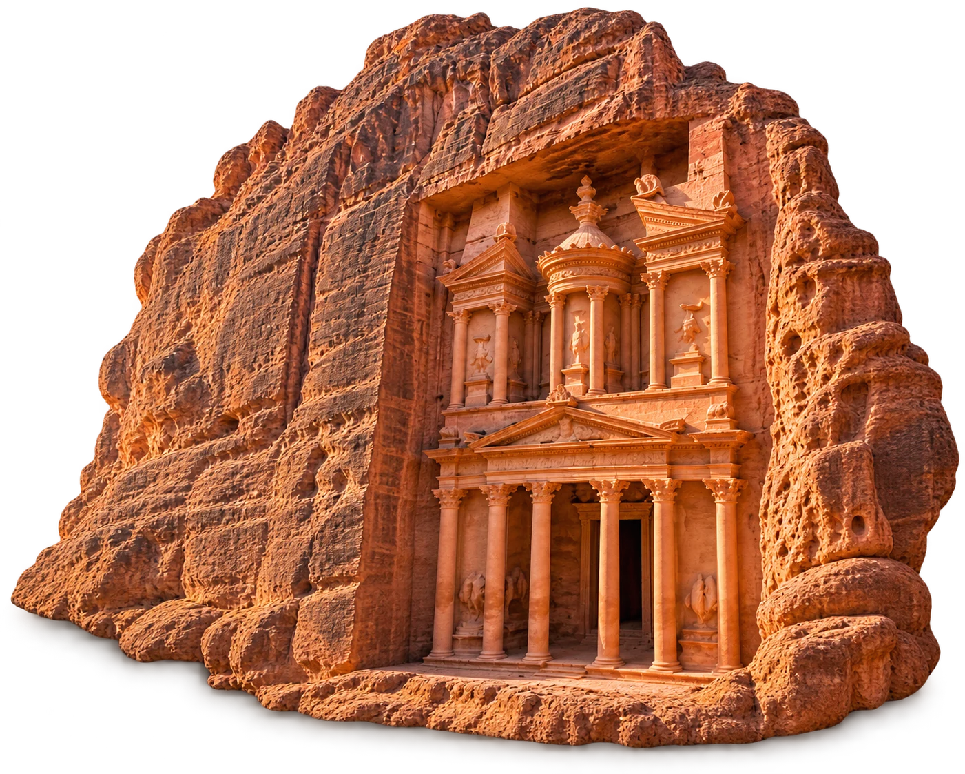 Petra Treasury carved into rose-red sandstone, isolated on a transparent background